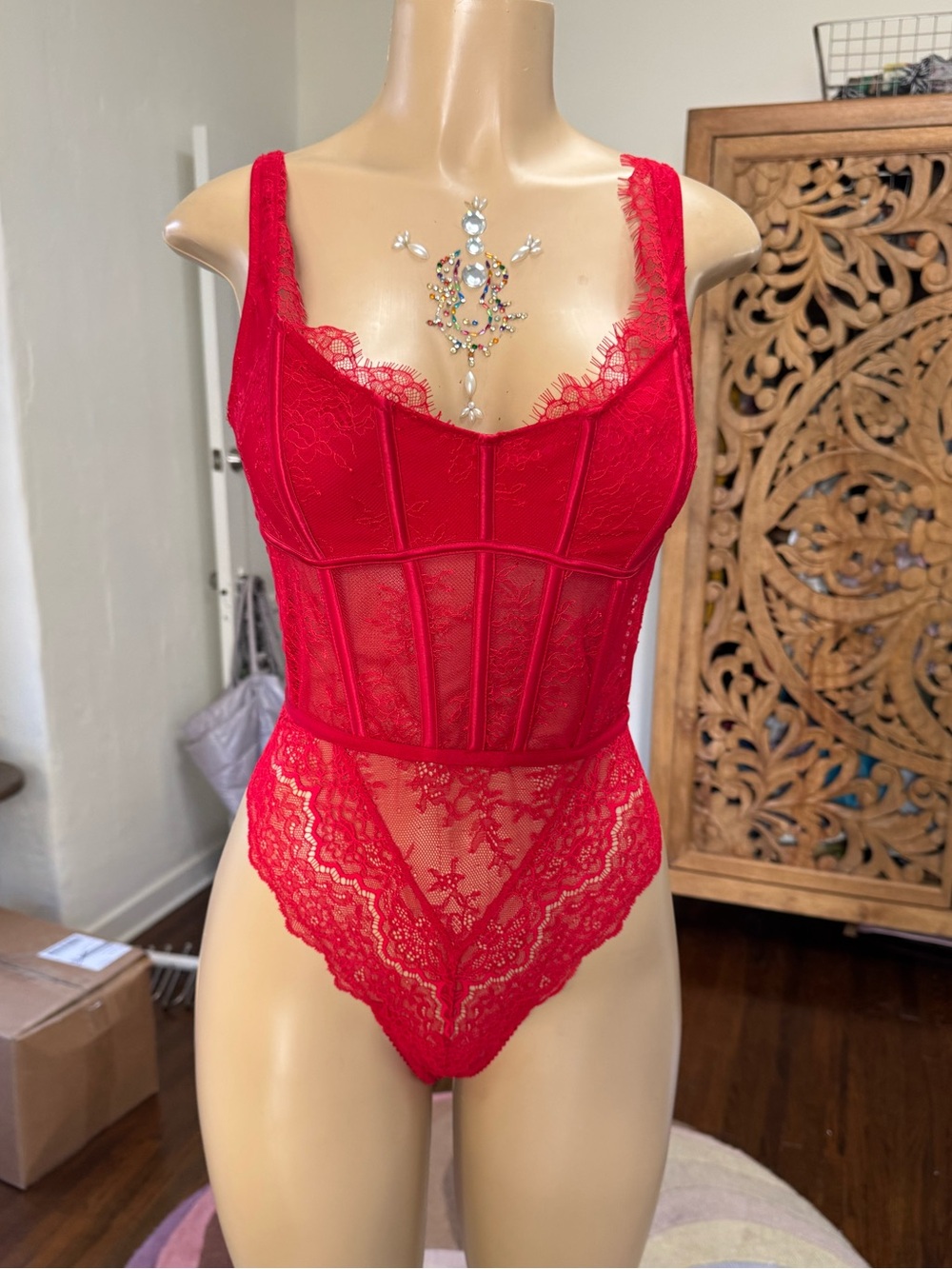 Victoria's Secret Red Lace Sheer Corset Bodysuit NWT